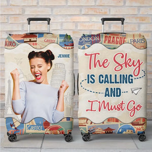 Housse de bagage personnalisée avec photo « Le ciel vous appelle » - Cadeau de vacances, cadeau pour les amoureux du voyage d'aventure