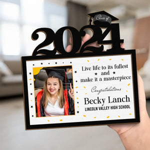 Photo personnalisée Vivez pleinement votre vie et faites-en un chef-d'œuvre - Plaque en bois personnalisée à 2 couches avec support pour famille - Cadeau de remise de diplôme pour frères et sœurs