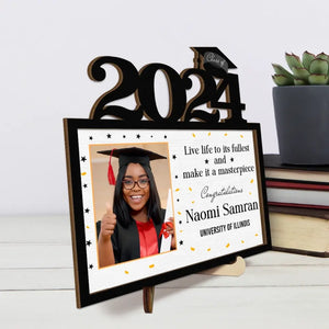 Photo personnalisée Vivez pleinement votre vie - Plaque en bois personnalisée à 2 couches avec support - Cadeau de remise de diplôme pour frères et sœurs