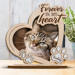 Photo personnalisée « Pour toujours dans mon cœur » – Plaque commémorative personnalisée en bois à 2 couches avec support plat – Cadeau de pendaison de crémaillère pour propriétaires et amoureux des animaux
