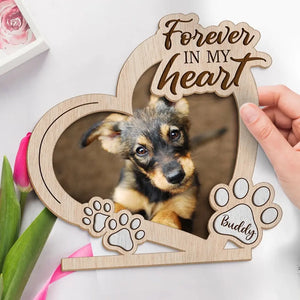 Photo personnalisée « Pour toujours dans mon cœur » – Plaque commémorative personnalisée en bois à 2 couches avec support plat – Cadeau de pendaison de crémaillère pour propriétaires et amoureux des animaux