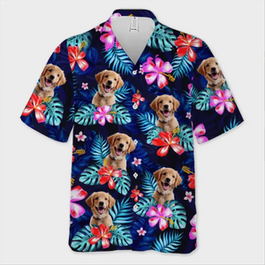 Photo personnalisée « C'est l'été et l'heure de la promenade » - T-shirt hawaïen tropical unisexe personnalisé pour chien et chat - Cadeau de vacances d'été, cadeau pour propriétaires d'animaux, amoureux des animaux