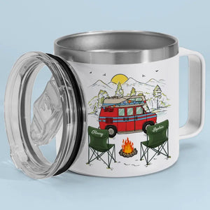Le bonheur, c'est créer des souvenirs avec ceux que vous aimez - Gobelet personnalisé en acier inoxydable de 14 oz avec poignée - Cadeau pour couple, mari, femme, amoureux du camping