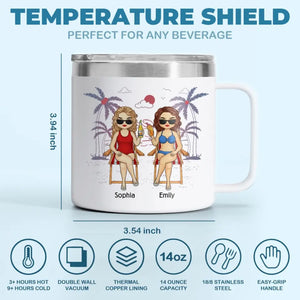 Amis, soleil et moments adorables - Gobelet personnalisé en acier inoxydable de 14 oz avec poignée - Cadeau de vacances d'été pour meilleures amies, meilleures amies et sœurs