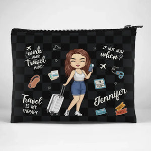 Travaillez dur, voyagez dur - Trousse de maquillage personnalisée - Cadeau de vacances, cadeau pour les amateurs de voyages d'aventure