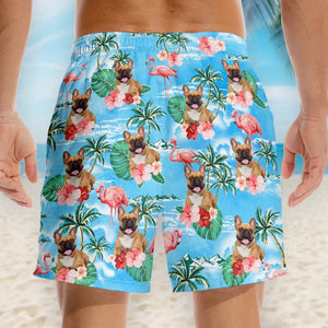 Short de plage hawaïen personnalisé avec photo et queues qui remuent - Short de plage hawaïen tropical Aloha pour homme, personnalisé avec chien et chat - Cadeau de vacances d'été, cadeau d'anniversaire pour propriétaires d'animaux et amoureux des animaux