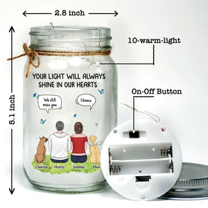 Votre lumière brillera toujours dans nos cœurs - Lampe commémorative personnalisée en pot Mason - Cadeau de condoléances pour les propriétaires d'animaux et les amoureux des animaux