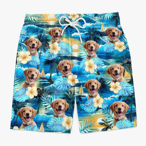 Short de plage hawaïen personnalisé avec photo « Pattes de sable et cœurs heureux » pour chien et chat, motif tropical Aloha, pour homme - Cadeau idéal pour les vacances d'été, les anniversaires et les amoureux des animaux.