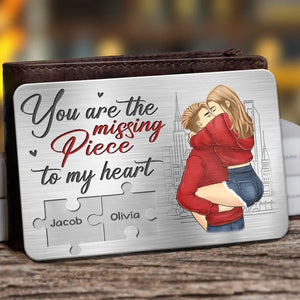 Tu es la pièce manquante de mon cœur - Carte portefeuille personnalisée en aluminium pour couple - Cadeau pour mari et femme, anniversaire