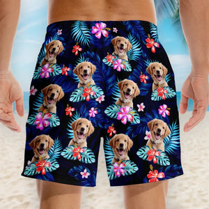 Short de plage hawaïen personnalisé avec photo « Joyeux moments et soleil » pour chien et chat, motif tropical Aloha pour homme - Cadeau idéal pour les vacances d'été, les anniversaires et les amoureux des animaux.