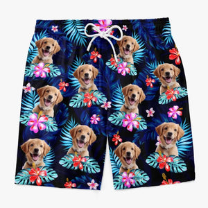 Short de plage hawaïen personnalisé avec photo « Joyeux moments et soleil » pour chien et chat, motif tropical Aloha pour homme - Cadeau idéal pour les vacances d'été, les anniversaires et les amoureux des animaux.