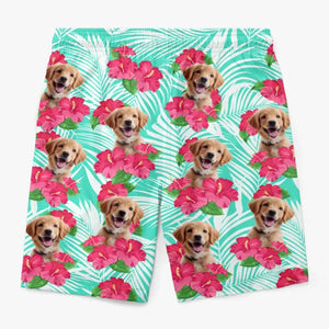 Short de plage hawaïen personnalisé avec photo « Que l'été commence » pour chien et chat, short de plage hawaïen tropical Aloha pour homme - Cadeau de vacances d'été, cadeau d'anniversaire pour propriétaires d'animaux et amoureux des animaux.