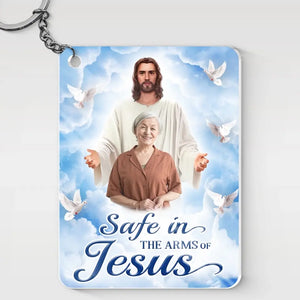 Porte-clés photo personnalisé « En sécurité dans les bras de Jésus » - Porte-clés personnalisé en acrylique - Cadeau de condoléances pour les membres de la famille
