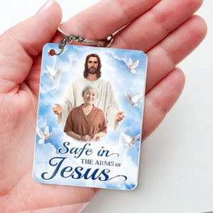 Porte-clés photo personnalisé « En sécurité dans les bras de Jésus » - Porte-clés personnalisé en acrylique - Cadeau de condoléances pour les membres de la famille
