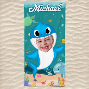 Serviette de plage personnalisée avec photo de bébé requin - Cadeau pour les vacances d'été, anniversaire, fête à la piscine, pour les membres de la famille