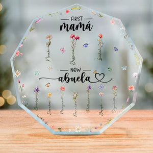 Première maman, maintenant grand-mère - Plaque acrylique personnalisée en forme de nonagone pour la famille - Cadeau pour maman et grand-mère