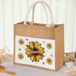 Nous vivons et fleurissons avec grâce - Sacs fourre-tout personnalisés pour la famille, sacs fourre-tout en jute, sacs de plage - Cadeau pour maman, grand-mère
