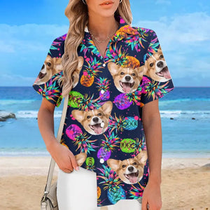 T-shirt hawaïen tropical unisexe personnalisé avec photo « État d'esprit estival » pour chien et chat - Cadeau idéal pour les vacances d'été, les propriétaires d'animaux et les amoureux des animaux.