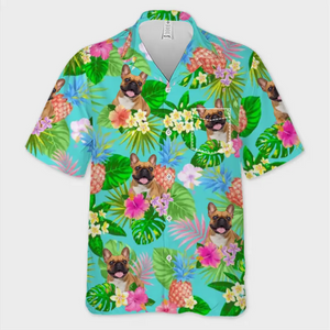 Photo personnalisée courant vers le soleil - T-shirt hawaïen unisexe personnalisé pour chien et chat - Cadeau de vacances d'été, cadeau pour propriétaires d'animaux et amoureux des animaux