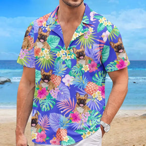 Photo personnalisée courant vers le soleil - T-shirt hawaïen unisexe personnalisé pour chien et chat - Cadeau de vacances d'été, cadeau pour propriétaires d'animaux et amoureux des animaux