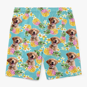 Short de plage hawaïen personnalisé avec photo « Course vers le soleil » pour chien et chat, motif tropical Aloha, pour homme - Cadeau idéal pour les vacances d'été, les anniversaires et les amoureux des animaux.