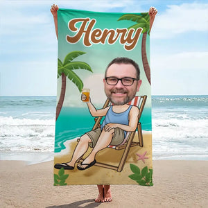 Serviette de plage personnalisée avec photo « Summer Vibes » pour toute la famille - Cadeau idéal pour les vacances d'été, un anniversaire ou une fête à la piscine.