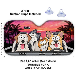 Pare-soleil personnalisé pour pare-brise de voiture, protection pour vitres de voiture, motif « Voyage heureux avec animaux de compagnie au coucher du soleil » - Cadeau pour propriétaires et amoureux des animaux