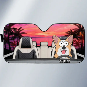 Pare-soleil personnalisé pour pare-brise de voiture, protection pour vitres de voiture, motif « Voyage heureux avec animaux de compagnie au coucher du soleil » - Cadeau pour propriétaires et amoureux des animaux