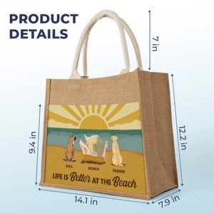 La vie est meilleure à la plage, ambiance estivale ! Sacs fourre-tout personnalisés pour chien, sacs fourre-tout en jute, sacs de plage ! Cadeau pour les propriétaires et les amoureux des animaux.