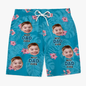 Short de plage hawaïen tropical personnalisé avec photo « Meilleur papa de tous les temps » - Cadeau de vacances d'été pour papa et grand-père