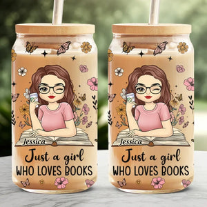 Fille perdue dans le monde des mots et des pages – Tasse en verre personnalisée, tasse à café glacé – Cadeau pour les amoureux des livres