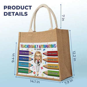 Affirmations quotidiennes pour enseignant(e) - Sacs fourre-tout personnalisés, sacs fourre-tout en jute, sacs de plage - Cadeau pour enseignant(e)