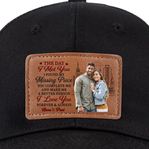 Photo personnalisée « J'ai trouvé la pièce manquante quand je t'ai rencontré » - Chapeau en cuir personnalisé pour couple - Cadeau pour mari et femme, anniversaire