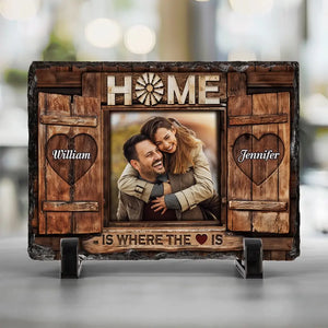 Photo personnalisée « La maison est là où se trouve le cœur » – Pierre rectangulaire personnalisée avec support pour couple – Cadeau pour mari et femme, anniversaire