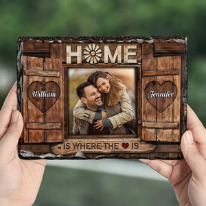 Photo personnalisée « La maison est là où se trouve le cœur » – Pierre rectangulaire personnalisée avec support pour couple – Cadeau pour mari et femme, anniversaire