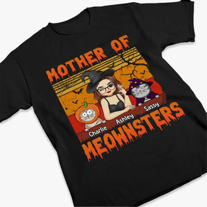 T-shirt, sweat à capuche et sweat-shirt unisexe personnalisé « Mother Of Meownsters » avec chat ; cadeau d'Halloween pour les propriétaires et les amoureux des animaux.