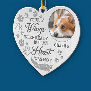 Photo personnalisée « Puissiez-vous trouver du réconfort dans les bras d'un ange » - Ornement commémoratif personnalisé - Forme personnalisée en métal - Cadeau de condoléances, cadeau de Noël pour propriétaires d'animaux et amoureux des animaux