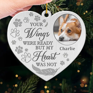 Photo personnalisée « Puissiez-vous trouver du réconfort dans les bras d'un ange » - Ornement commémoratif personnalisé - Forme personnalisée en métal - Cadeau de condoléances, cadeau de Noël pour propriétaires d'animaux et amoureux des animaux