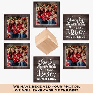 Photo personnalisée Famille Là où la vie commence et l'amour ne finit jamais - Ornement en bois personnalisé pour la famille - Cadeau de Noël pour les membres de la famille
