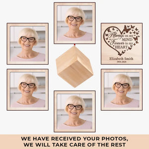 Photo personnalisée « Toujours dans mon esprit » – Ornement commémoratif personnalisé en forme de cube en bois – Cadeau de condoléances, cadeau de Noël pour les membres de la famille