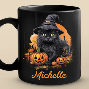 Moustaches de sorcière et ronronnements effrayants - Mug noir personnalisé chat - Cadeau d'Halloween pour propriétaires et amoureux des animaux