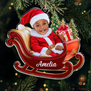 Photo personnalisée Notre petit Père Noël apporte de la joie au monde - Décoration personnalisée pour la famille - Forme personnalisée en acrylique - Cadeau de Noël pour bébé, enfant, nouveau-né, premier Noël