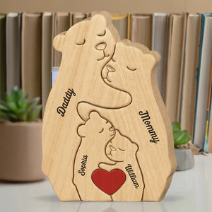 La famille est l'un des chefs-d'œuvre de la nature - Puzzle en bois personnalisé en forme d'ours - Sculptures d'animaux en bois, ornements de table en sculpture sur bois, décoration en bois sculpté - Cadeau pour les membres de la famille