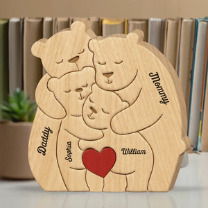 Ensemble, nous formons une belle famille - Puzzle en bois personnalisé en forme d'ours - Sculptures d'animaux en bois, ornements de table en sculpture sur bois, décoration en bois sculpté - Cadeau pour les membres de la famille