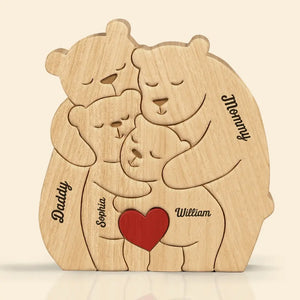 Ensemble, nous formons une belle famille - Puzzle en bois personnalisé en forme d'ours - Sculptures d'animaux en bois, ornements de table en sculpture sur bois, décoration en bois sculpté - Cadeau pour les membres de la famille