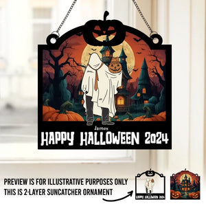 Effrayant et plein d'amour, notre famille est géniale pour Halloween ! Attrape-soleil personnalisé à suspendre à une fenêtre ! Cadeau d'Halloween pour les membres de la famille