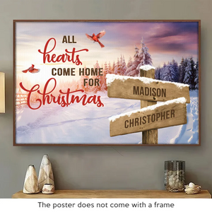 Tous les cœurs rentrent à la maison pour Noël - Affiche horizontale personnalisée pour la famille - Cadeau de Noël pour les membres de la famille