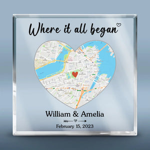 Carte de localisation où tout a commencé - Plaque acrylique carrée personnalisée pour couple - Art cartographique, cadeau pour mari et femme, anniversaire