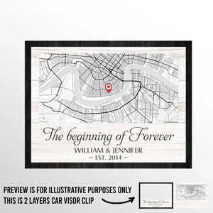 Carte de localisation « Je porte ton cœur avec moi » – Clip de pare-soleil de voiture personnalisé pour couple – Art cartographique, cadeau de Noël pour mari et femme, anniversaire