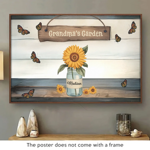 Le bonheur fleurit dans le jardin de grand-mère - Affiche horizontale personnalisée pour la famille - Cadeau pour maman et grand-mère